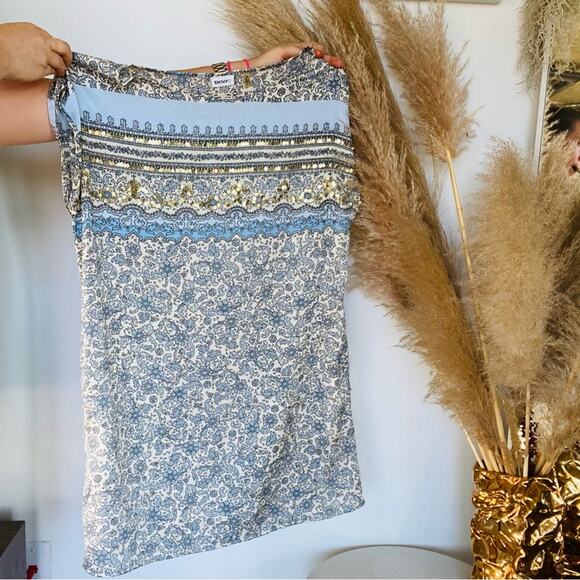 DKNY Blue Cream Gold Sequins Paisley Print Short Sleeve Mini Dress Tunic XS - Picture 4 of 8
